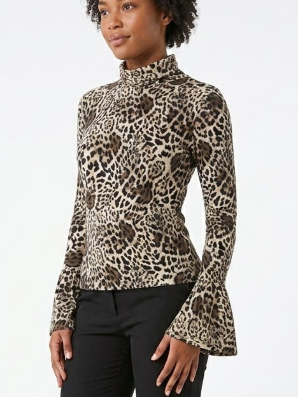 Leopard Print Turtleneck Top with Flared Cuffs